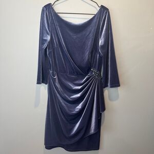 Oleg Cassini Knee Length Blue Velvet Dress Waist Embellishment Womens Size 14